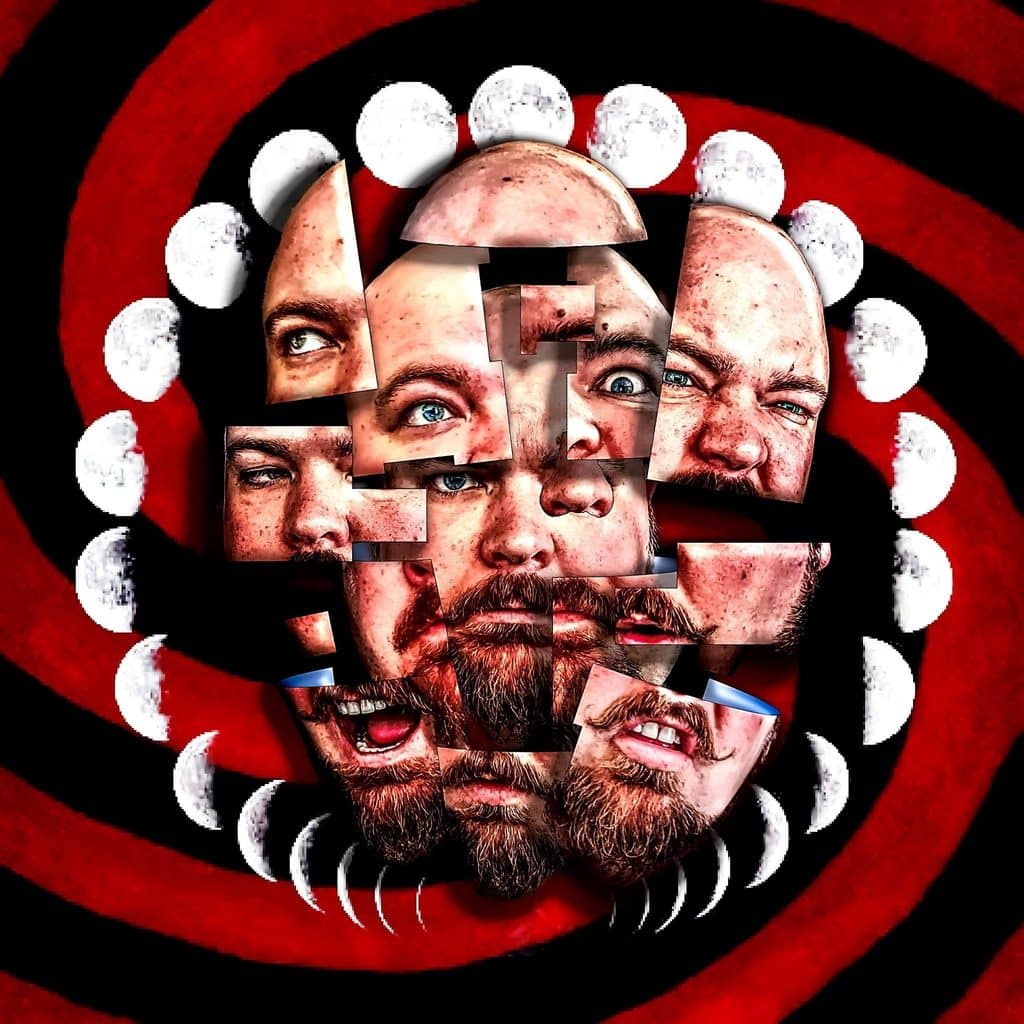 Fractured collage portrait of Alexander Malloy surrounded by moon phases against a swirling red and black background.