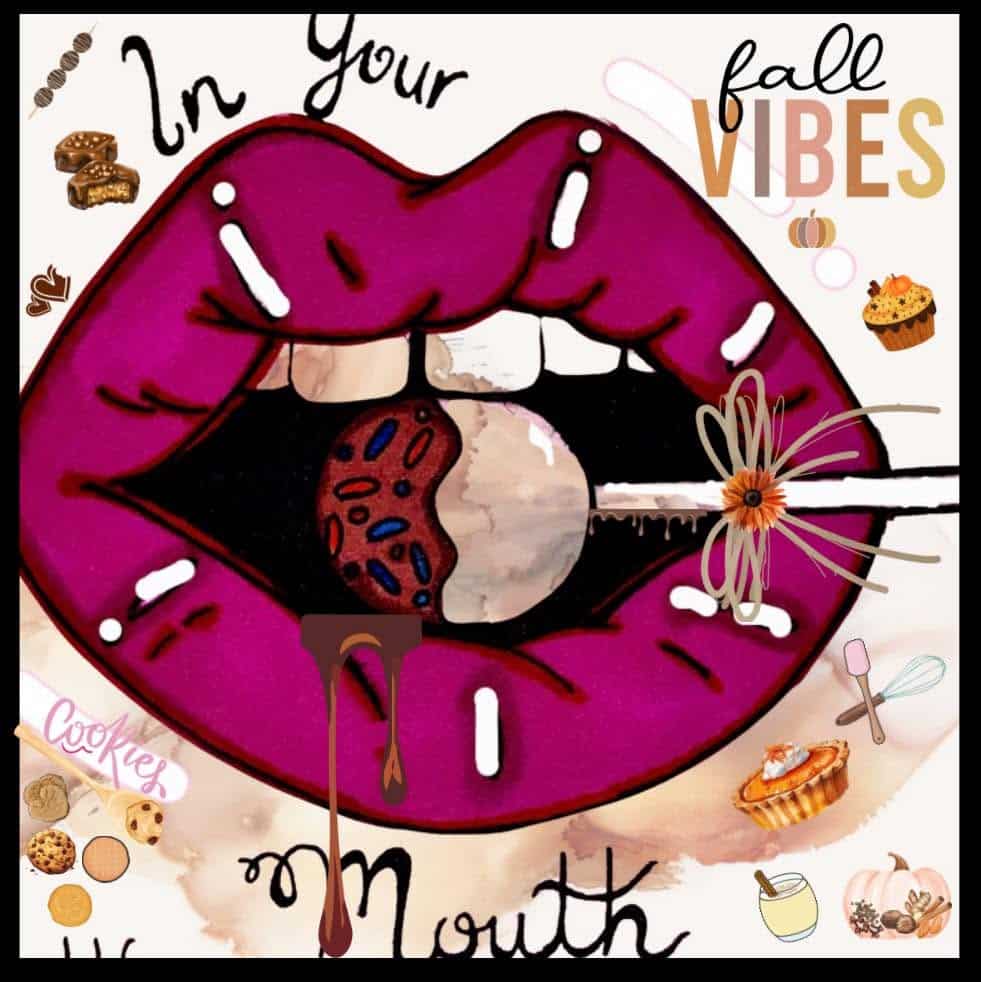 In Your Mouth LLC fall vibes logo featuring bright purple lips biting a chocolate treat on a stick with autumn pastries.