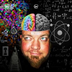 Surreal portrait of a man with an exposed brain divided into a colorful creative half and a black-and-white logical math half.